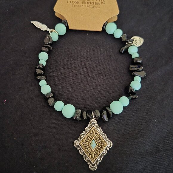 Cowgirl Western Hat Band Turquoise Beads & Metal Diamond Pendant - Picture 3 of 4